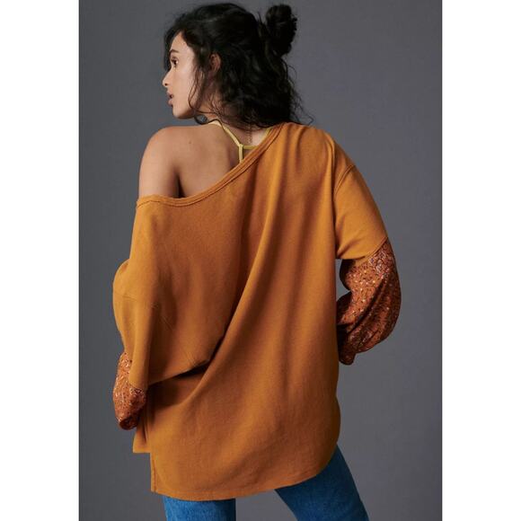 ANTHROPOLOGIE Annette Floral Sleeve Thermal Top Size Small $88 MSRP Gold Orange - Picture 6 of 10